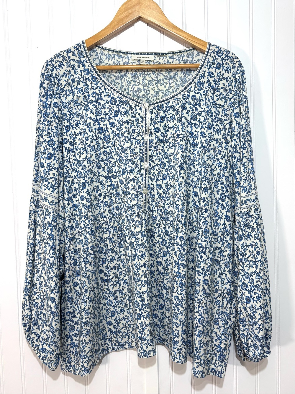 Max Studio Blue Floral Boho Peasant Blouse Rayon Button Front Sz 2X Cottagecore